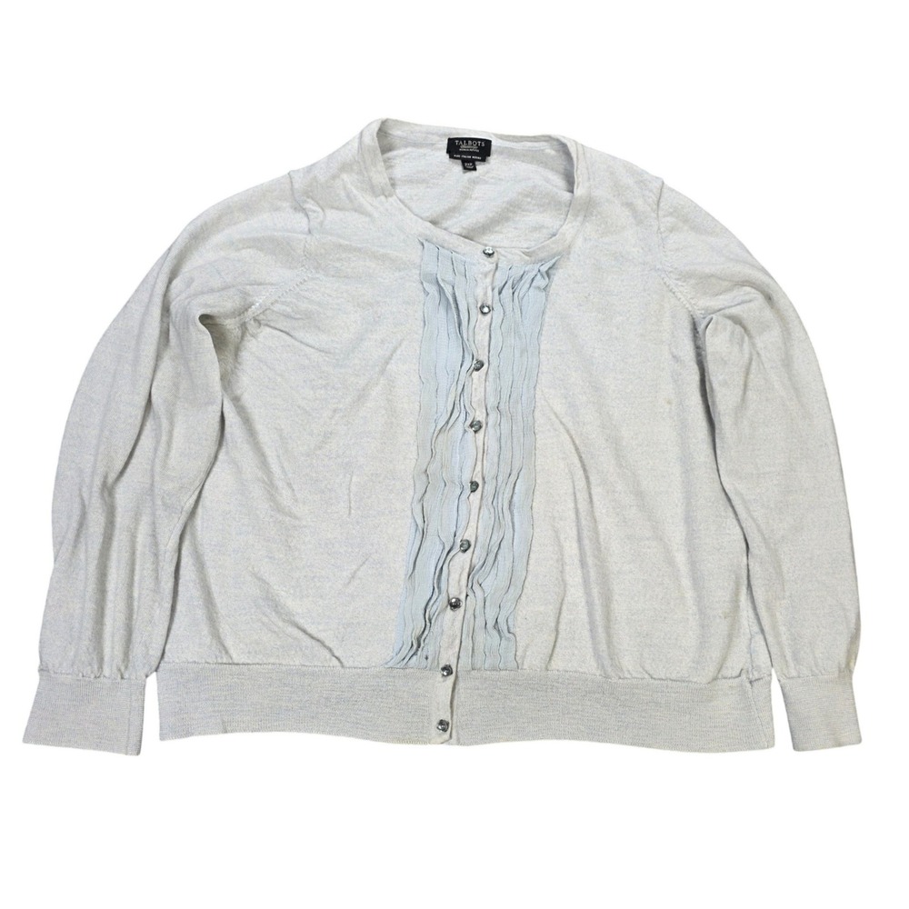 Talbots Ruffle Front Cardigan Women's Size 2XP Light Blue Merino Wool Silk‎